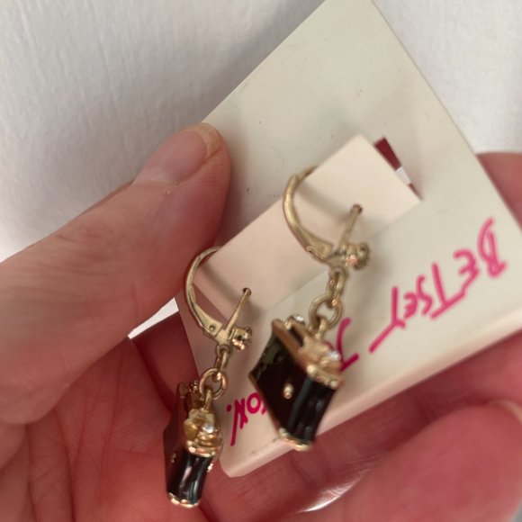 Betsey Johnson Royal Engagement Drop Earrings Gold Tone Rhinestone Black Enamel - Picture 8 of 13